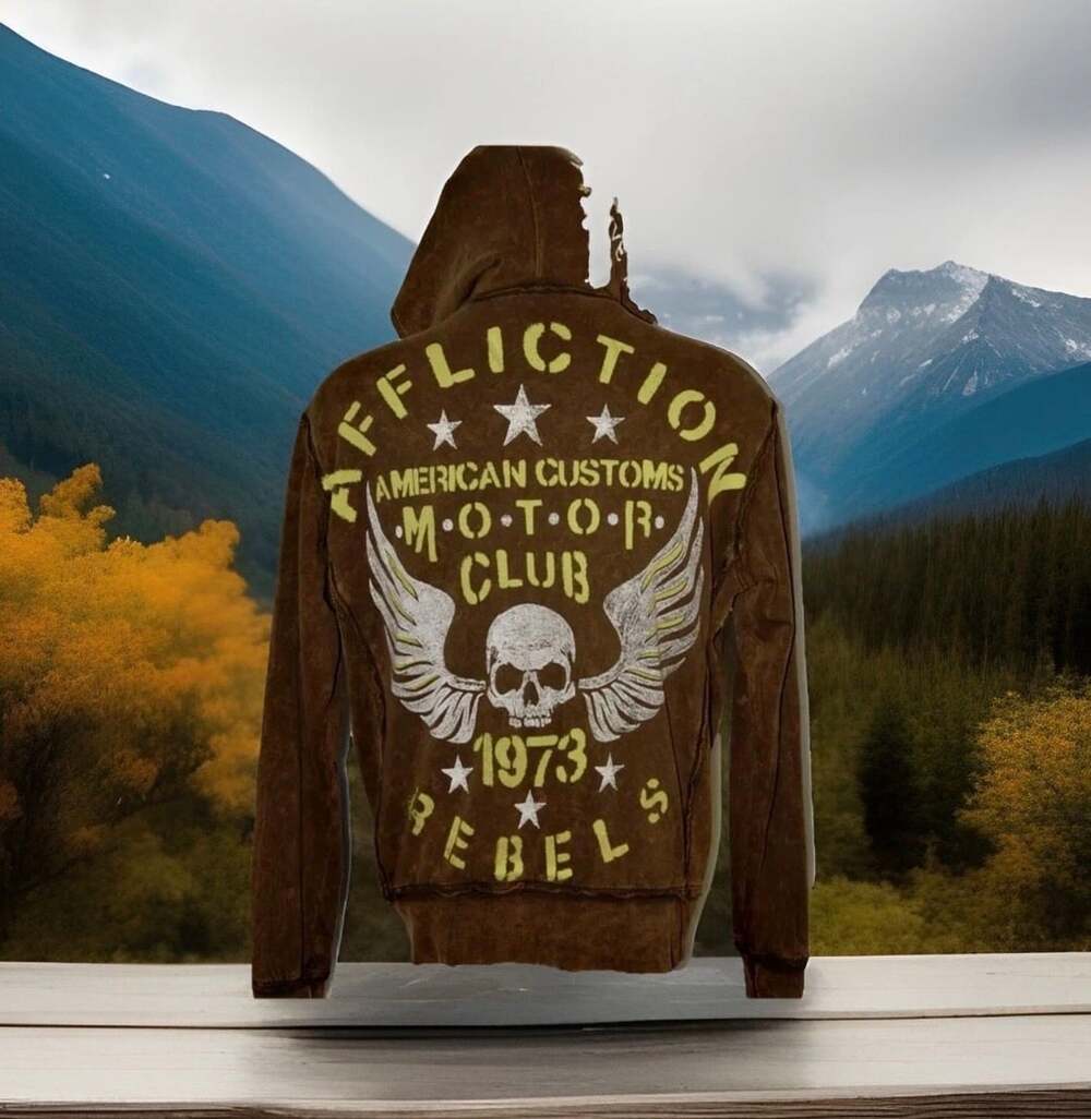 Affliction American Customs Motor Club Hoodie Size L Brown Skull